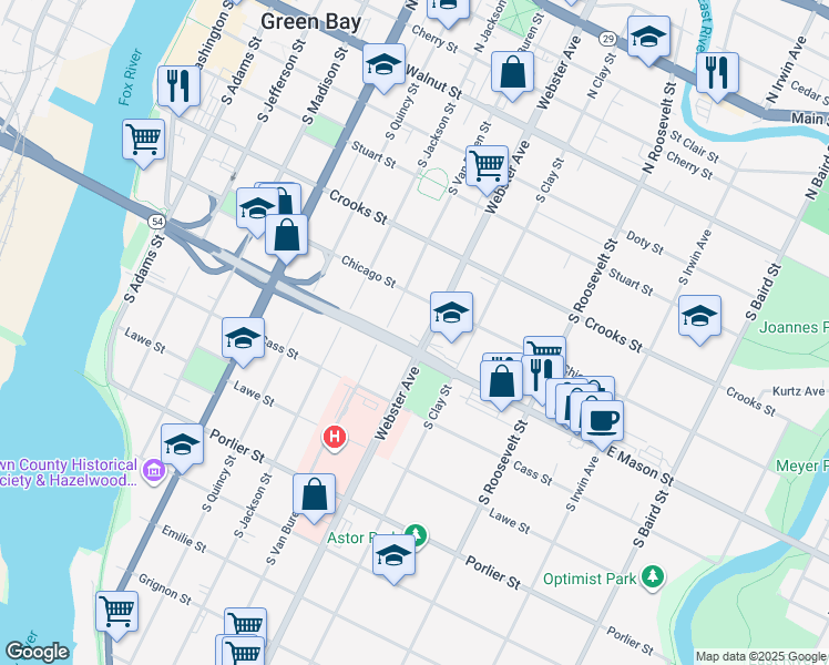 map of restaurants, bars, coffee shops, grocery stores, and more near 527 South Van Buren Street in Green Bay