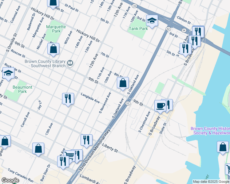 map of restaurants, bars, coffee shops, grocery stores, and more near 812 9th Street in Green Bay