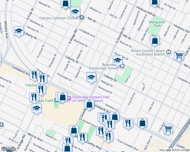 map of restaurants, bars, coffee shops, grocery stores, and more near 1176 Raleigh Street in Green Bay