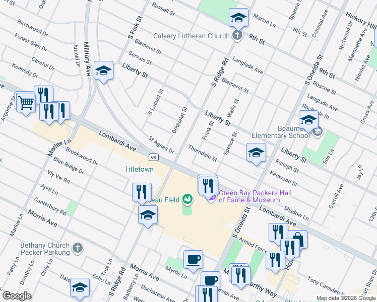 map of restaurants, bars, coffee shops, grocery stores, and more near 1294 Thorndale Street in Green Bay