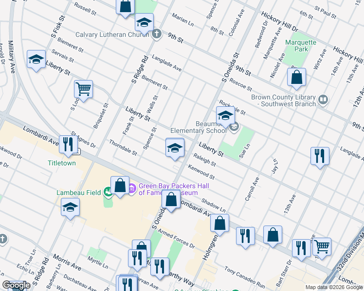map of restaurants, bars, coffee shops, grocery stores, and more near 1176 Raleigh Street in Green Bay