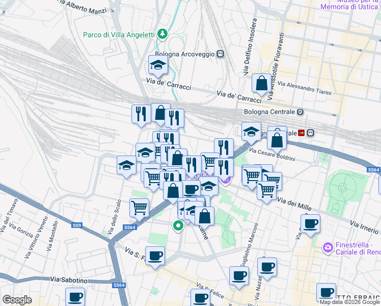 map of restaurants, bars, coffee shops, grocery stores, and more near Via della Bova in Bologna