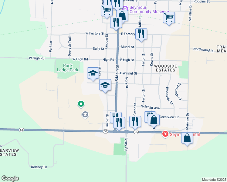 map of restaurants, bars, coffee shops, grocery stores, and more near 722 South Main Street in Seymour