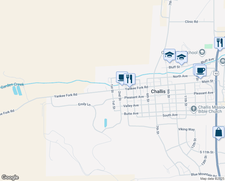 map of restaurants, bars, coffee shops, grocery stores, and more near 16 Main Street in Challis