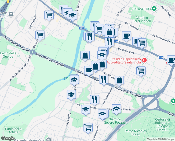 map of restaurants, bars, coffee shops, grocery stores, and more near 27 Via Armando Spadini in Bologna