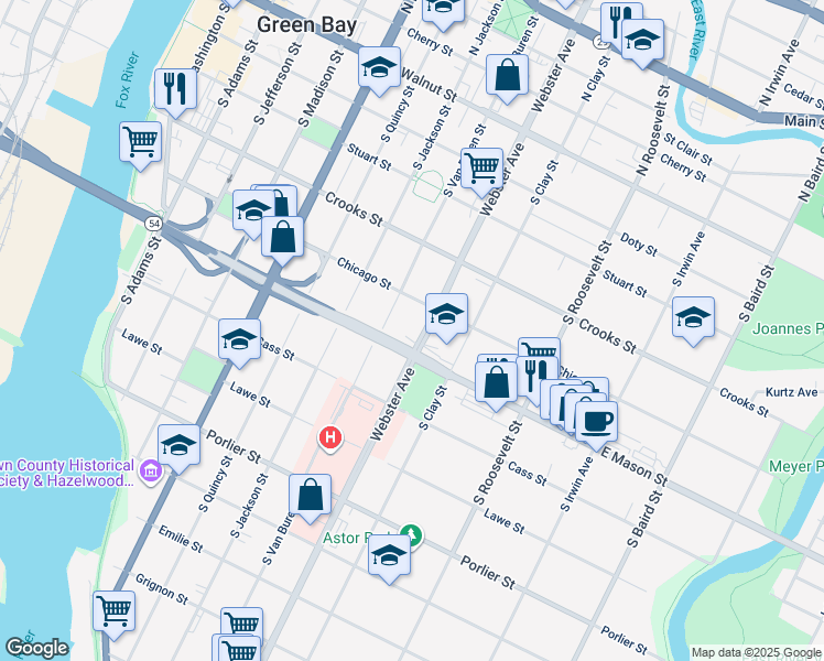 map of restaurants, bars, coffee shops, grocery stores, and more near 527 South Van Buren Street in Green Bay