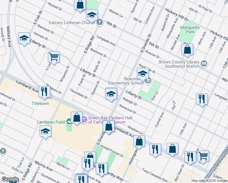 map of restaurants, bars, coffee shops, grocery stores, and more near 1176 Raleigh Street in Green Bay