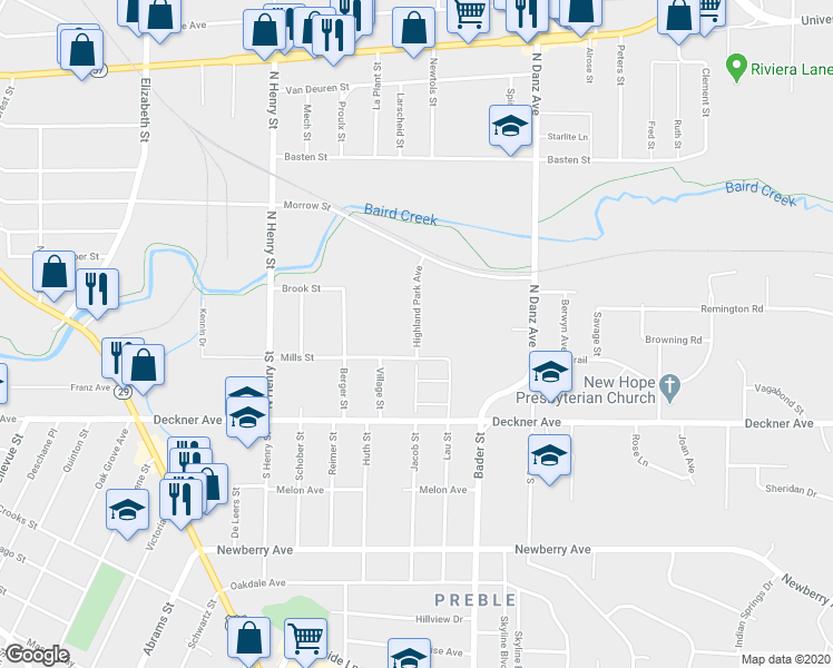 map of restaurants, bars, coffee shops, grocery stores, and more near 1945 Mills Street in Green Bay