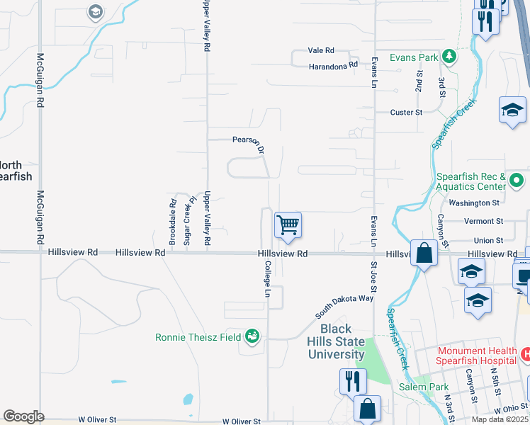 map of restaurants, bars, coffee shops, grocery stores, and more near 12 Kens Trail Court in Spearfish