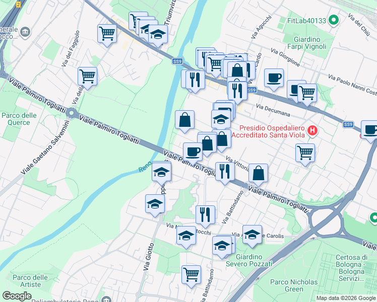 map of restaurants, bars, coffee shops, grocery stores, and more near 27 Via Armando Spadini in Bologna