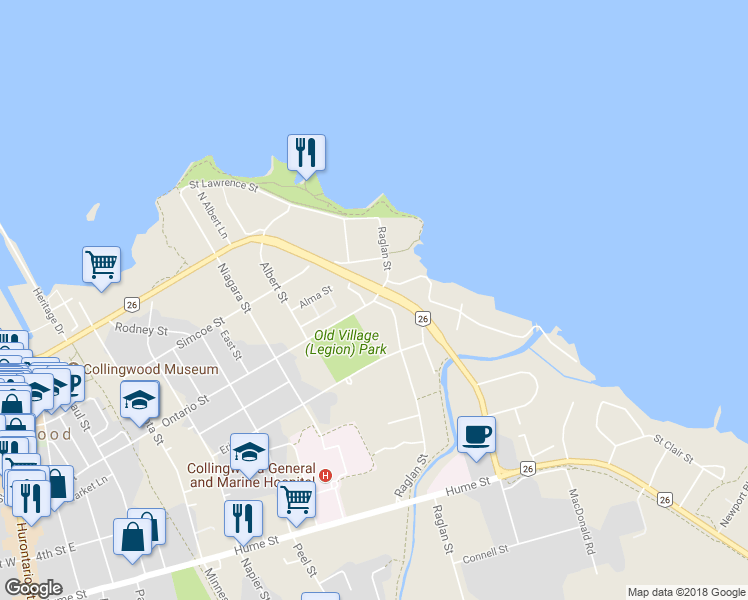 map of restaurants, bars, coffee shops, grocery stores, and more near 493 Ontario Street in Collingwood