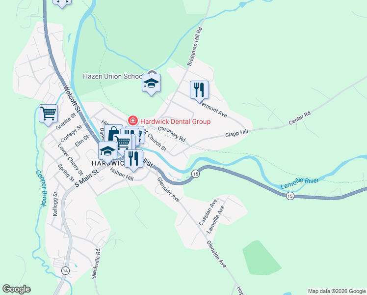 map of restaurants, bars, coffee shops, grocery stores, and more near 73 Maple St in Hardwick