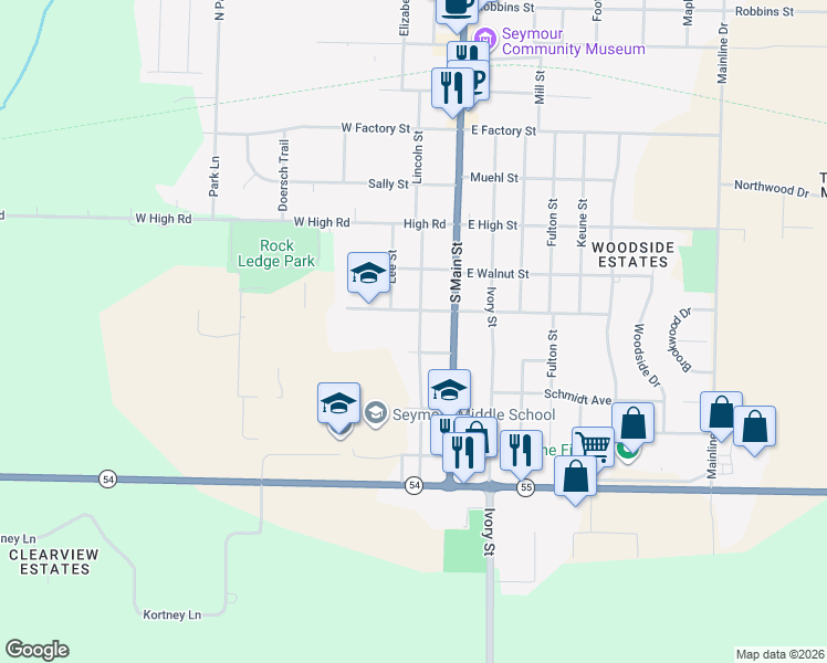 map of restaurants, bars, coffee shops, grocery stores, and more near 721 Lincoln Street in Seymour
