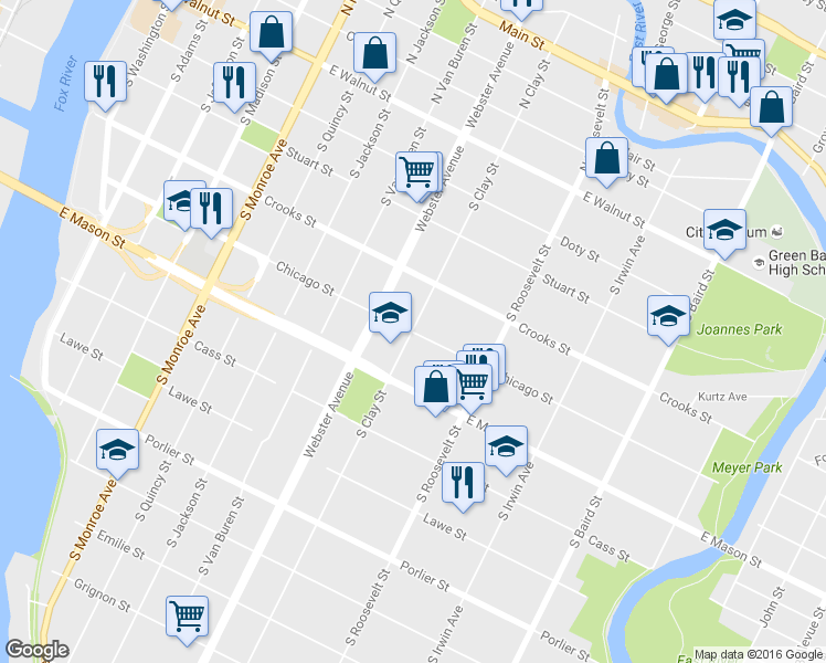 map of restaurants, bars, coffee shops, grocery stores, and more near 1101 Chicago Street in Green Bay