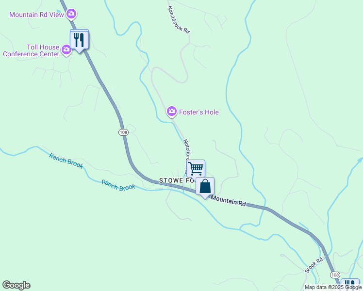 map of restaurants, bars, coffee shops, grocery stores, and more near 27 Notchbrook Road in Stowe