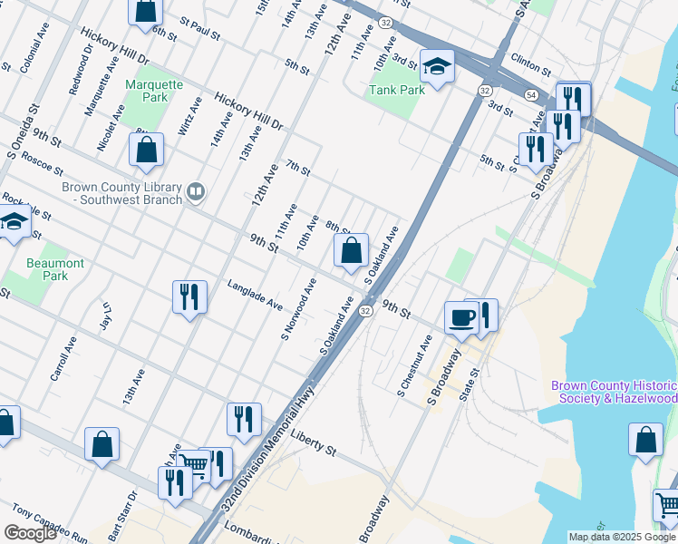 map of restaurants, bars, coffee shops, grocery stores, and more near 812 9th St in Green Bay