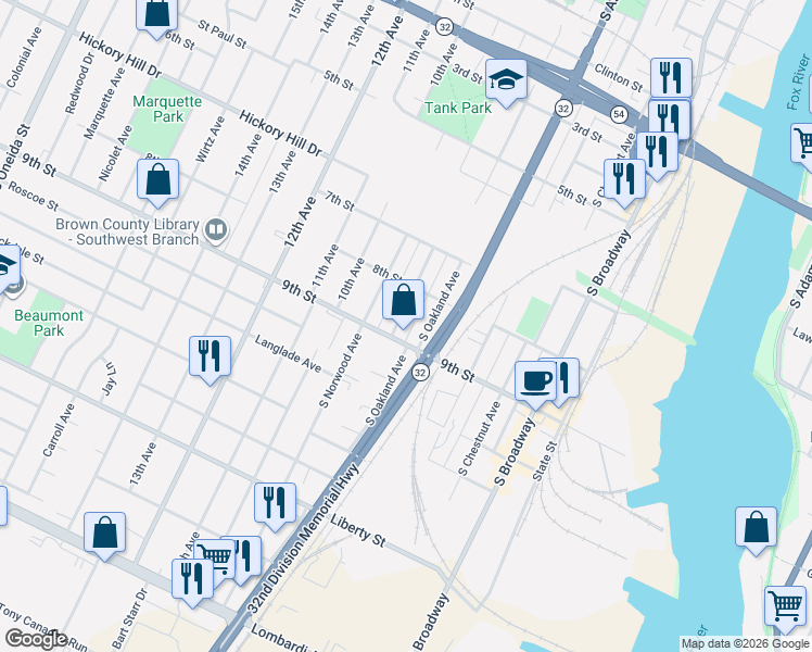 map of restaurants, bars, coffee shops, grocery stores, and more near 812 9th Street in Green Bay