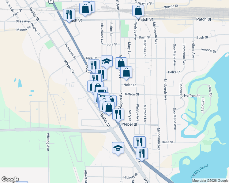 map of restaurants, bars, coffee shops, grocery stores, and more near 2300 Heffron St in Stevens Point