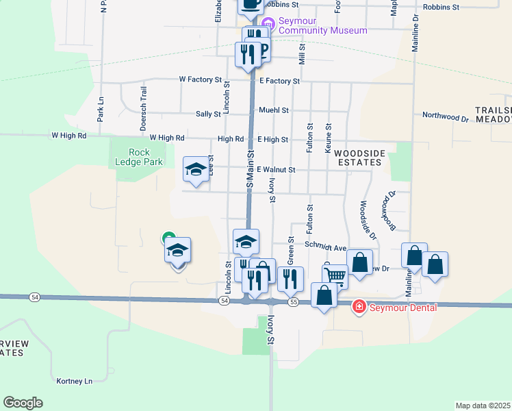 map of restaurants, bars, coffee shops, grocery stores, and more near 722 South Main Street in Seymour