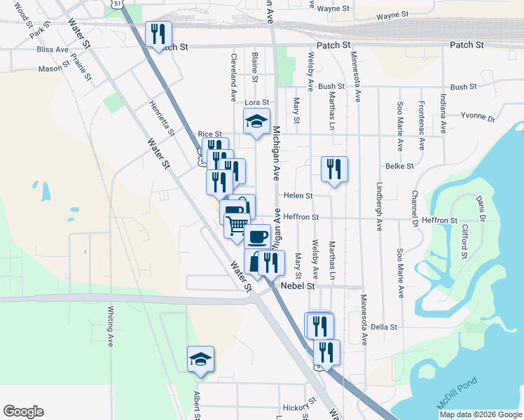 map of restaurants, bars, coffee shops, grocery stores, and more near 2300 Heffron Street in Stevens Point