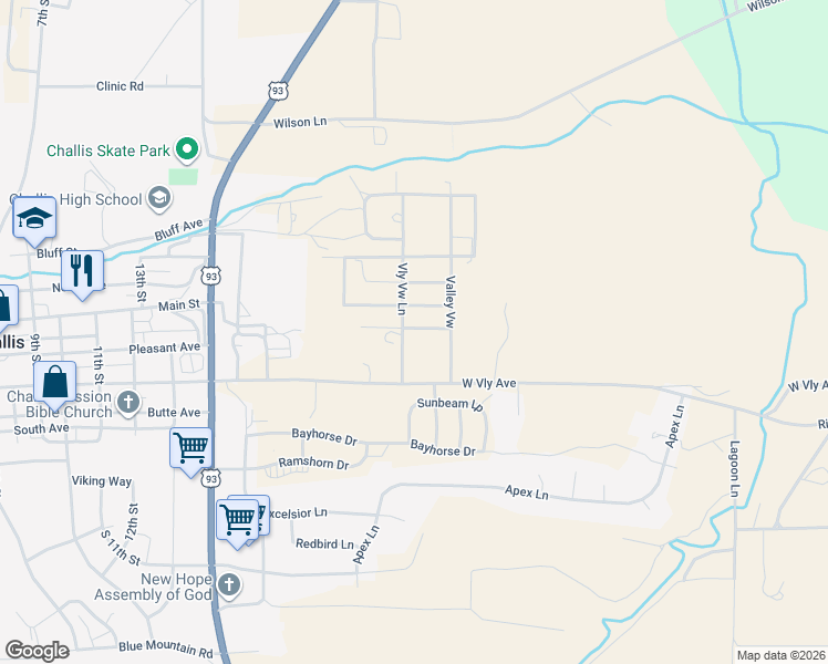 map of restaurants, bars, coffee shops, grocery stores, and more near Valley View in Challis