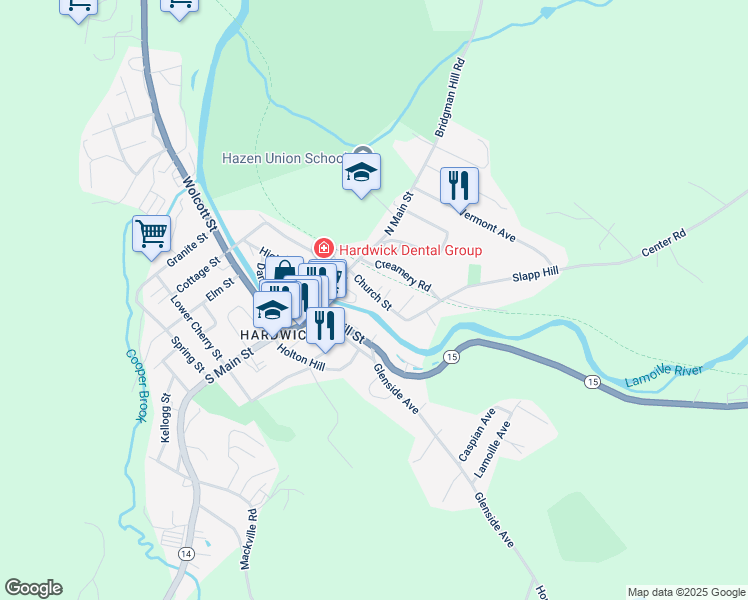 map of restaurants, bars, coffee shops, grocery stores, and more near 84 Church Street in Hardwick