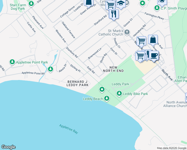 map of restaurants, bars, coffee shops, grocery stores, and more near 265 Shore Road in Burlington