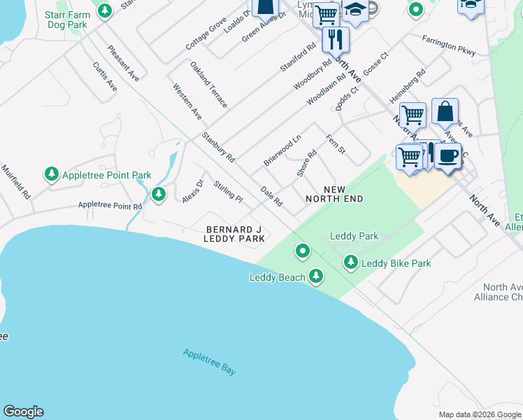 map of restaurants, bars, coffee shops, grocery stores, and more near 265 Shore Road in Burlington