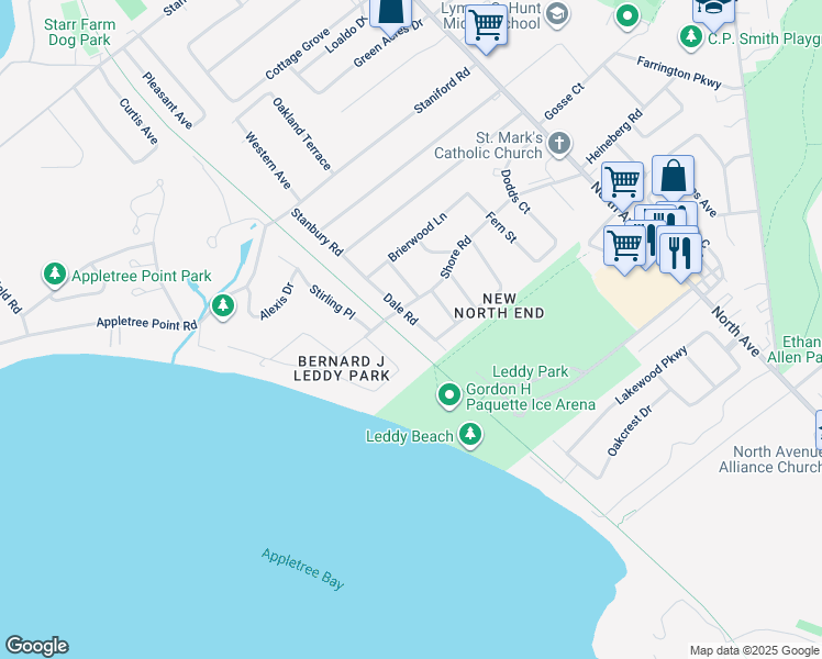 map of restaurants, bars, coffee shops, grocery stores, and more near 265 Shore Road in Burlington
