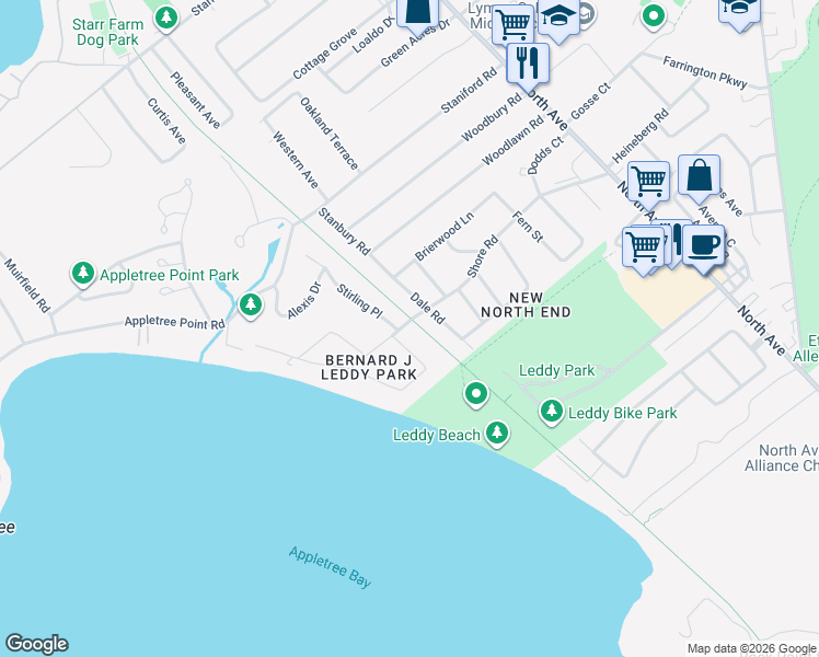map of restaurants, bars, coffee shops, grocery stores, and more near 265 Shore Road in Burlington