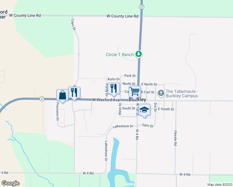 map of restaurants, bars, coffee shops, grocery stores, and more near 214 W Wexford Ave in Buckley