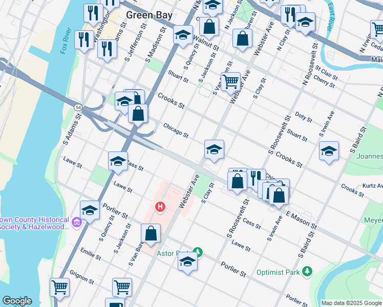 map of restaurants, bars, coffee shops, grocery stores, and more near 527 South Van Buren Street in Green Bay
