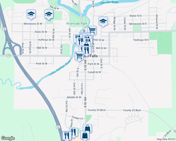 map of restaurants, bars, coffee shops, grocery stores, and more near 324 Colvill Street West in Cannon Falls