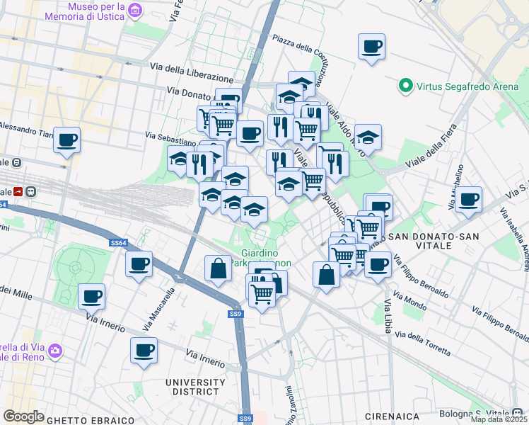map of restaurants, bars, coffee shops, grocery stores, and more near 7 Via Leopoldo Fregoli in Bologna