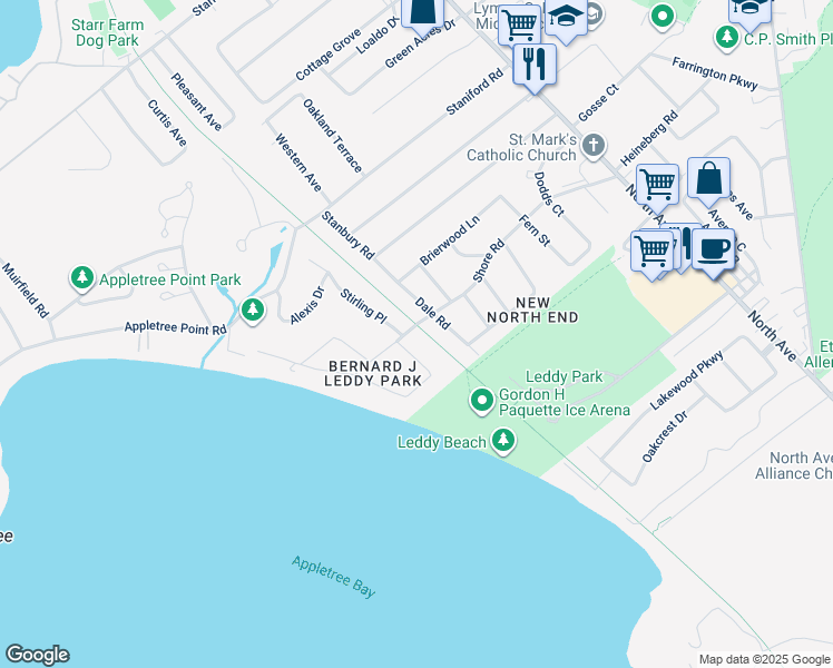 map of restaurants, bars, coffee shops, grocery stores, and more near 265 Shore Road in Burlington