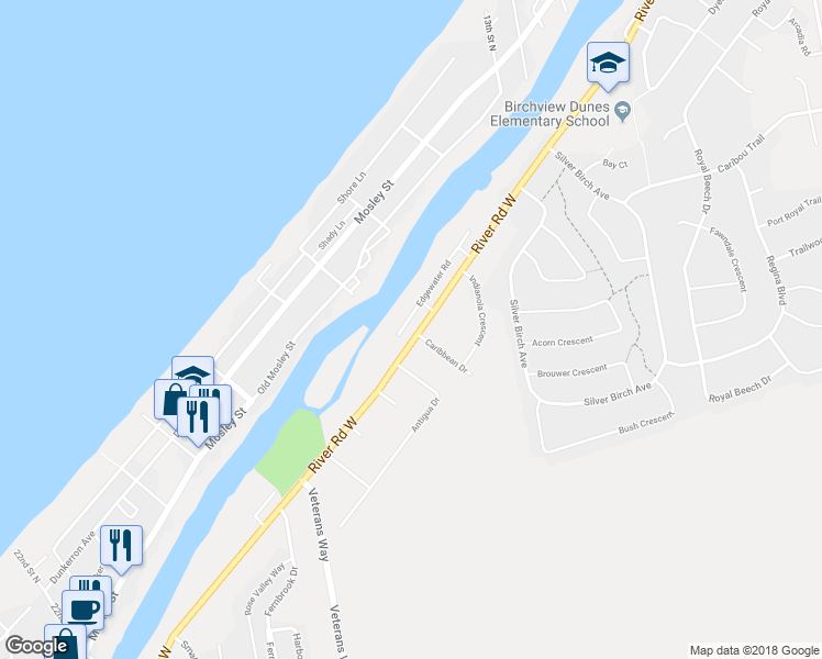 map of restaurants, bars, coffee shops, grocery stores, and more near 1576 River Road West in Wasaga Beach