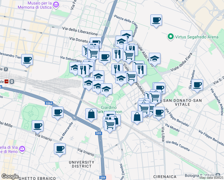 map of restaurants, bars, coffee shops, grocery stores, and more near 7 Via Leopoldo Fregoli in Bologna