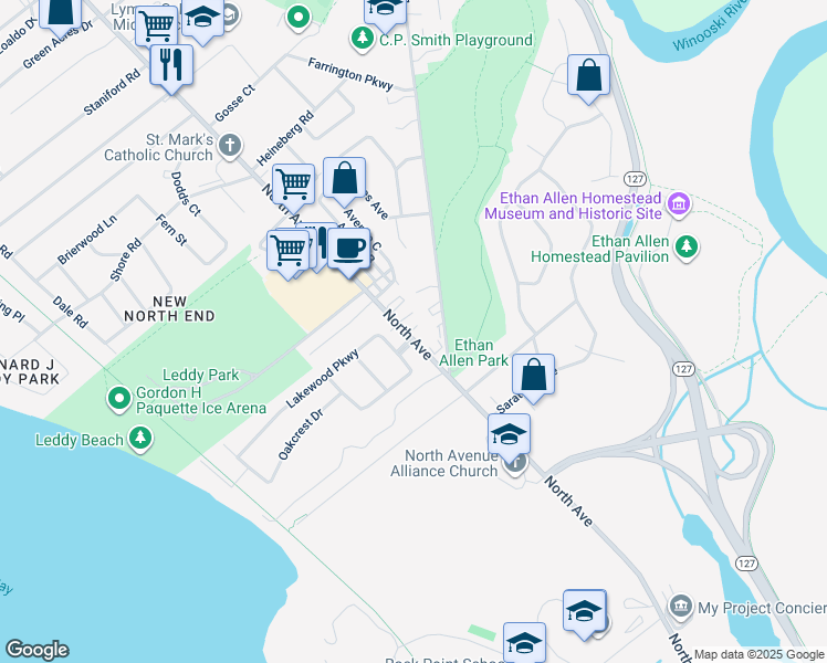 map of restaurants, bars, coffee shops, grocery stores, and more near 1044 North Avenue in Burlington