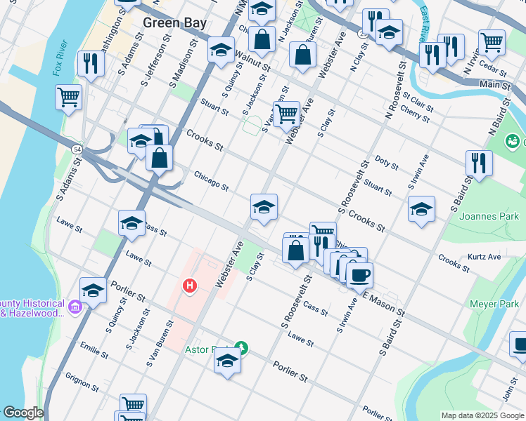 map of restaurants, bars, coffee shops, grocery stores, and more near 501 South Webster Avenue in Green Bay