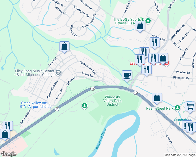 map of restaurants, bars, coffee shops, grocery stores, and more near 608 Dalton Drive in Essex