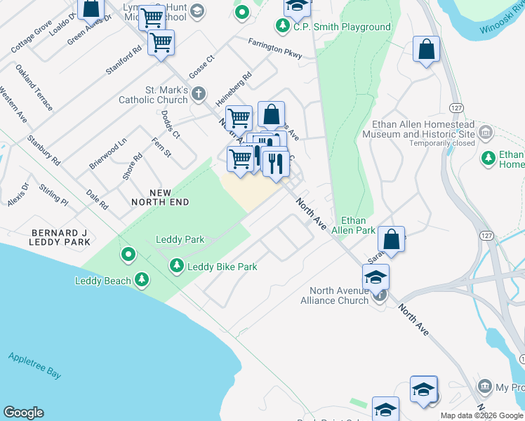 map of restaurants, bars, coffee shops, grocery stores, and more near 50 Leonard Street in Burlington