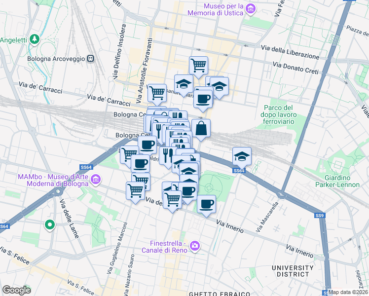 map of restaurants, bars, coffee shops, grocery stores, and more near 7 Galleria II Agosto 1980 in Bologna