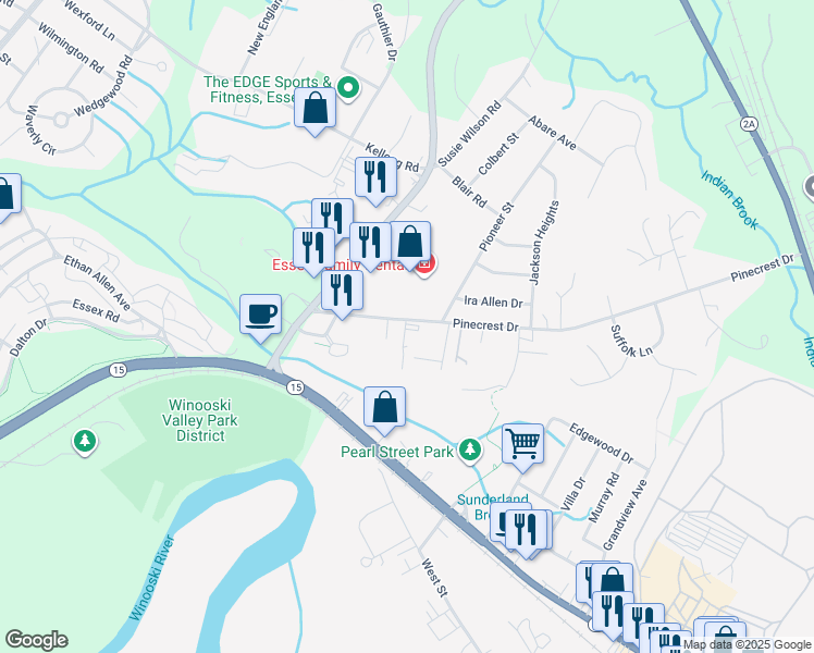 map of restaurants, bars, coffee shops, grocery stores, and more near 21 Pinecrest Drive in Essex