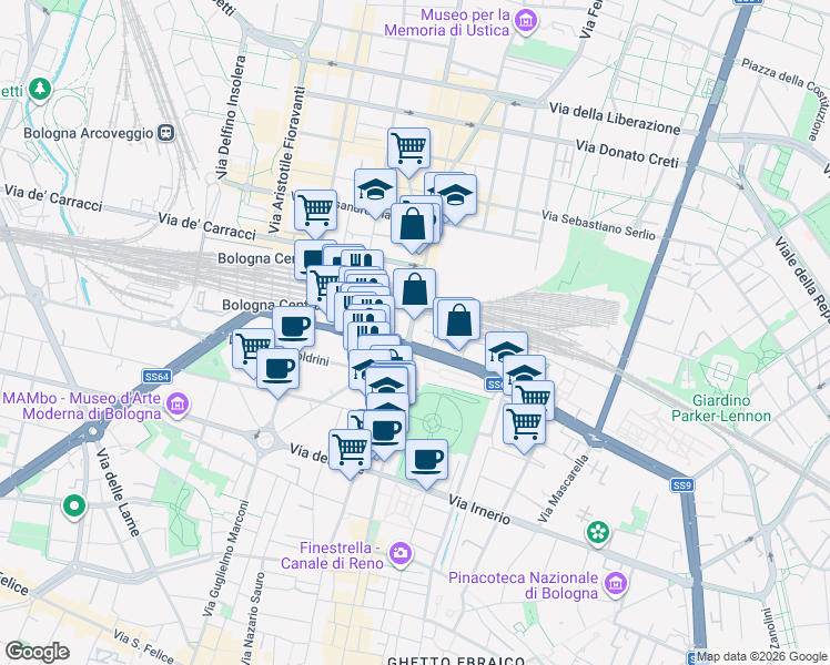 map of restaurants, bars, coffee shops, grocery stores, and more near 3a Via Giacomo Matteotti in Bologna