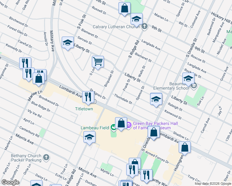 map of restaurants, bars, coffee shops, grocery stores, and more near 1294 Thorndale Street in Green Bay