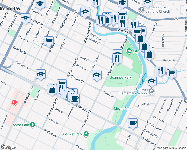 map of restaurants, bars, coffee shops, grocery stores, and more near 1316 Stuart Street in Green Bay