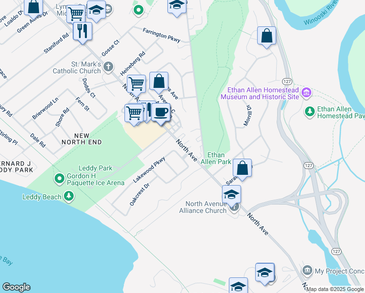 map of restaurants, bars, coffee shops, grocery stores, and more near 1054 North Avenue in Burlington