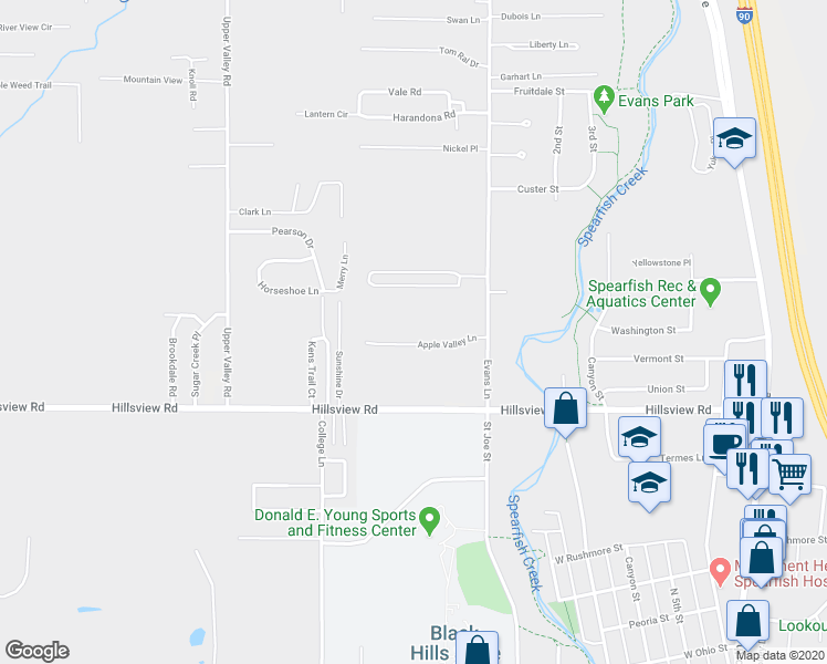 map of restaurants, bars, coffee shops, grocery stores, and more near 9 Apple Valley Lane in Spearfish