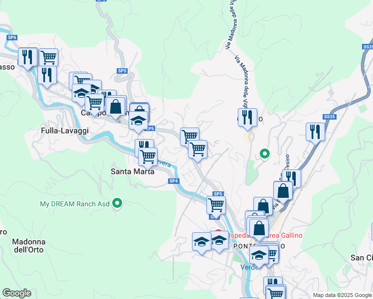 map of restaurants, bars, coffee shops, grocery stores, and more near 38 Via Campomorone in Genova