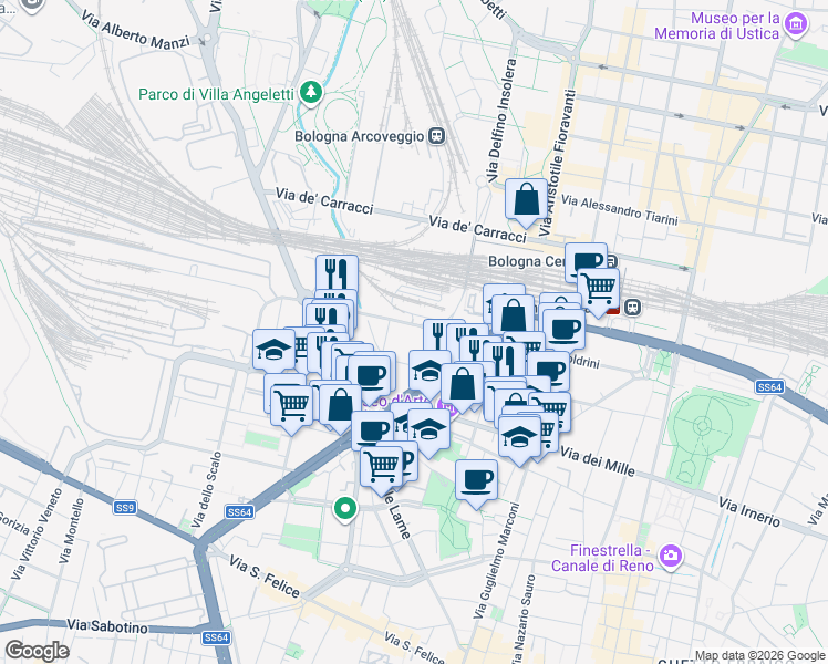 map of restaurants, bars, coffee shops, grocery stores, and more near 19 Via Paolo Bovi Campeggi in Bologna